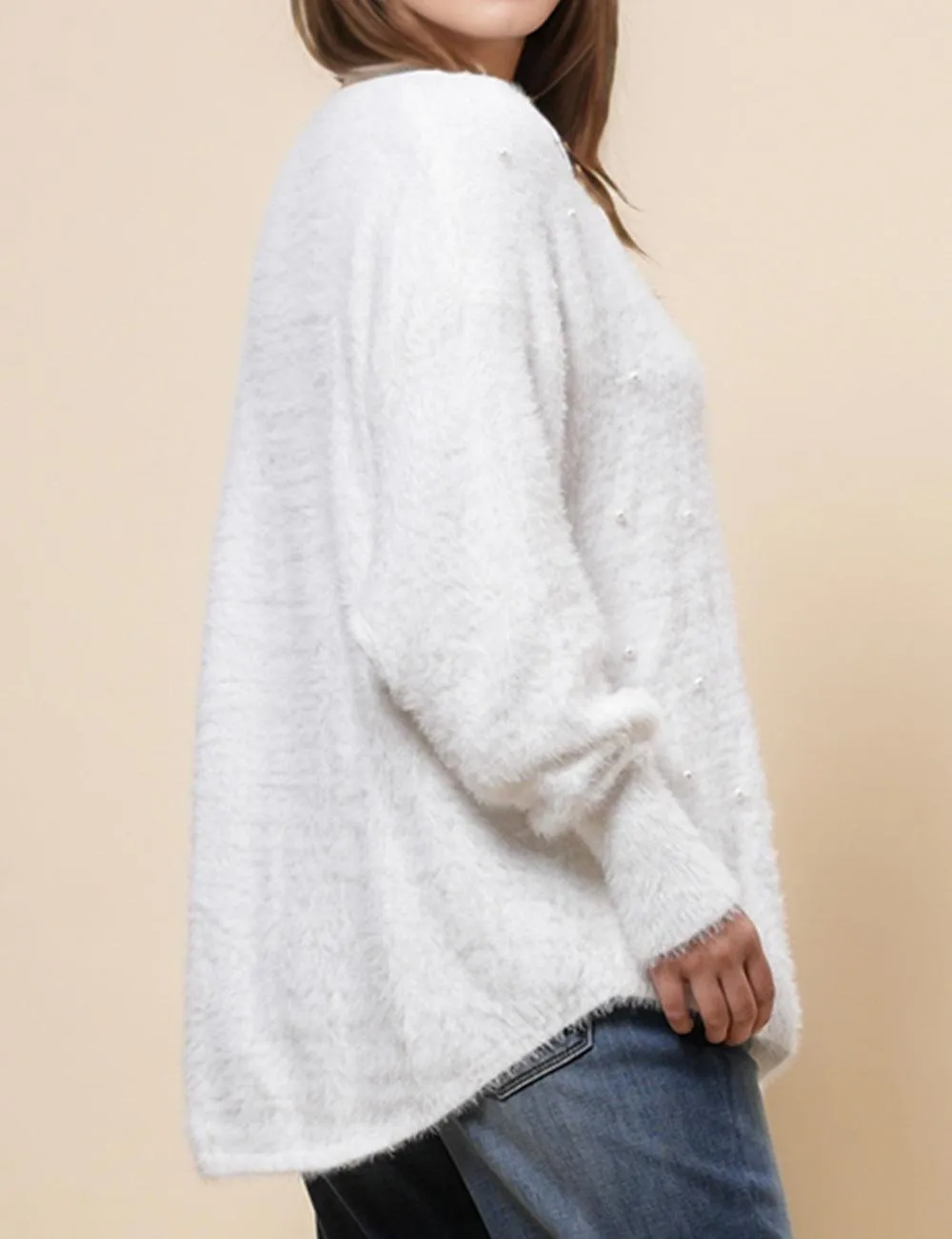 Ladies Faux Pearl White Hallow Out Pullover Sweater SKT4890