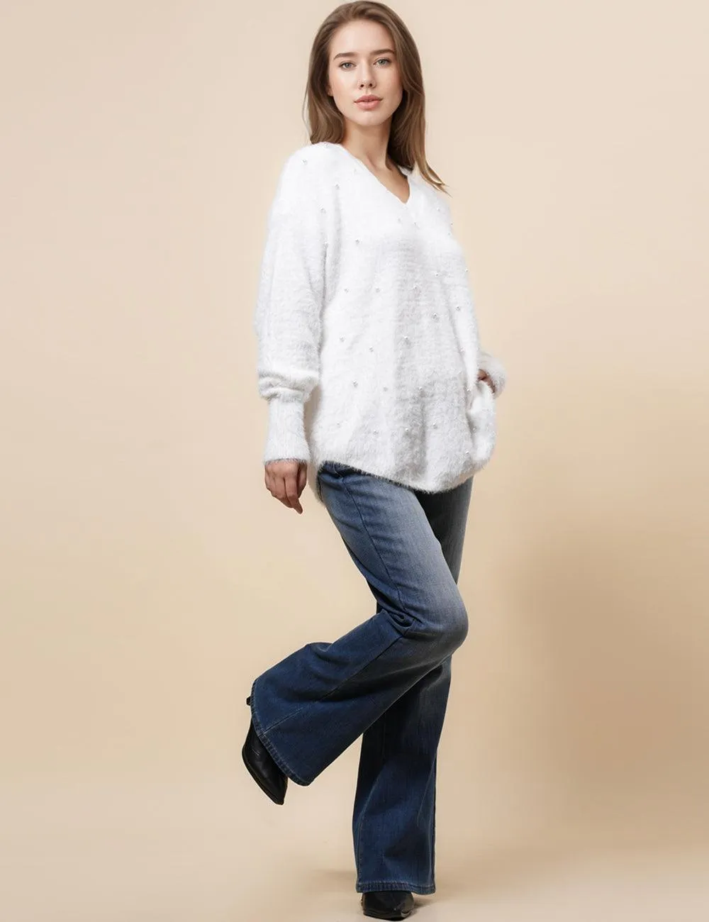Ladies Faux Pearl White Hallow Out Pullover Sweater SKT4890