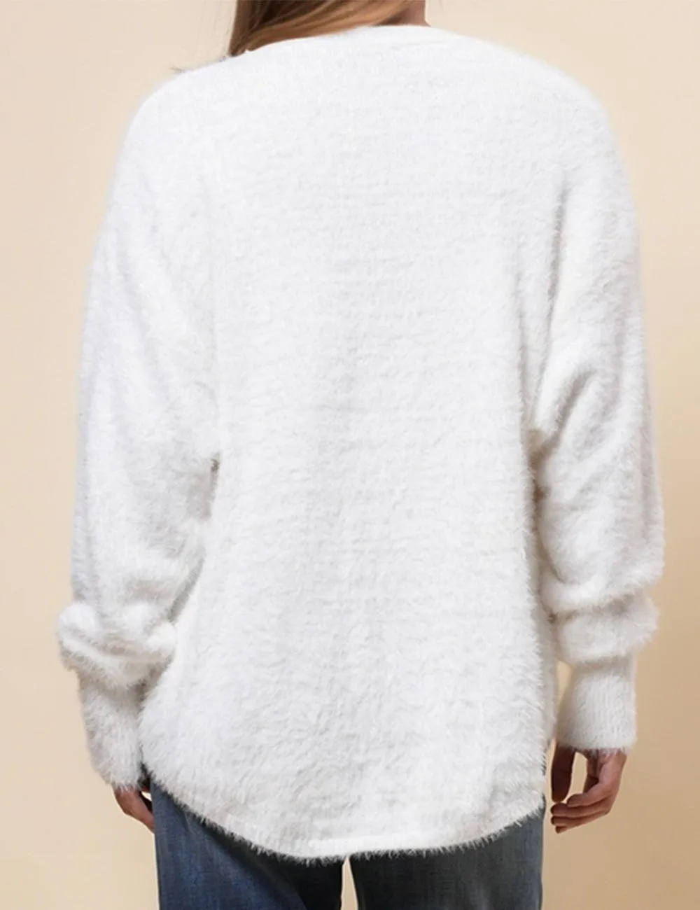 Ladies Faux Pearl White Hallow Out Pullover Sweater SKT4890