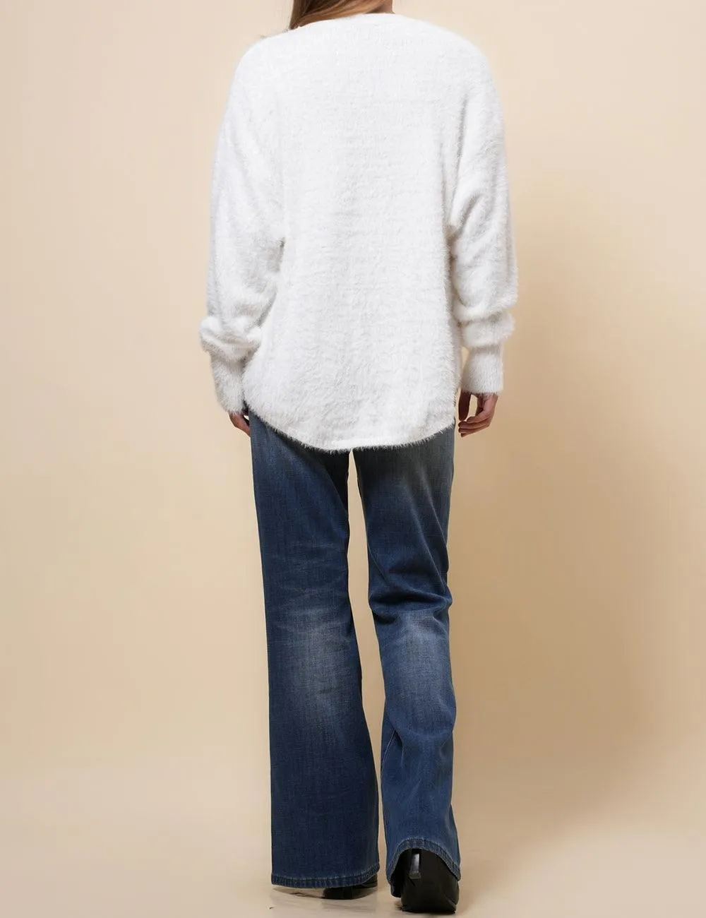Ladies Faux Pearl White Hallow Out Pullover Sweater SKT4890