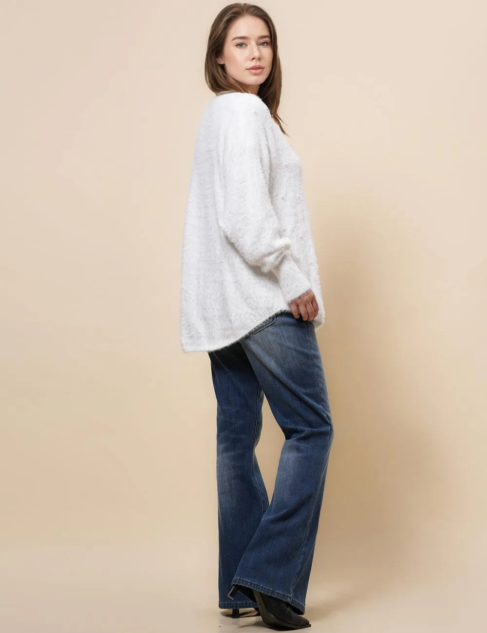 Ladies Faux Pearl White Hallow Out Pullover Sweater SKT4890