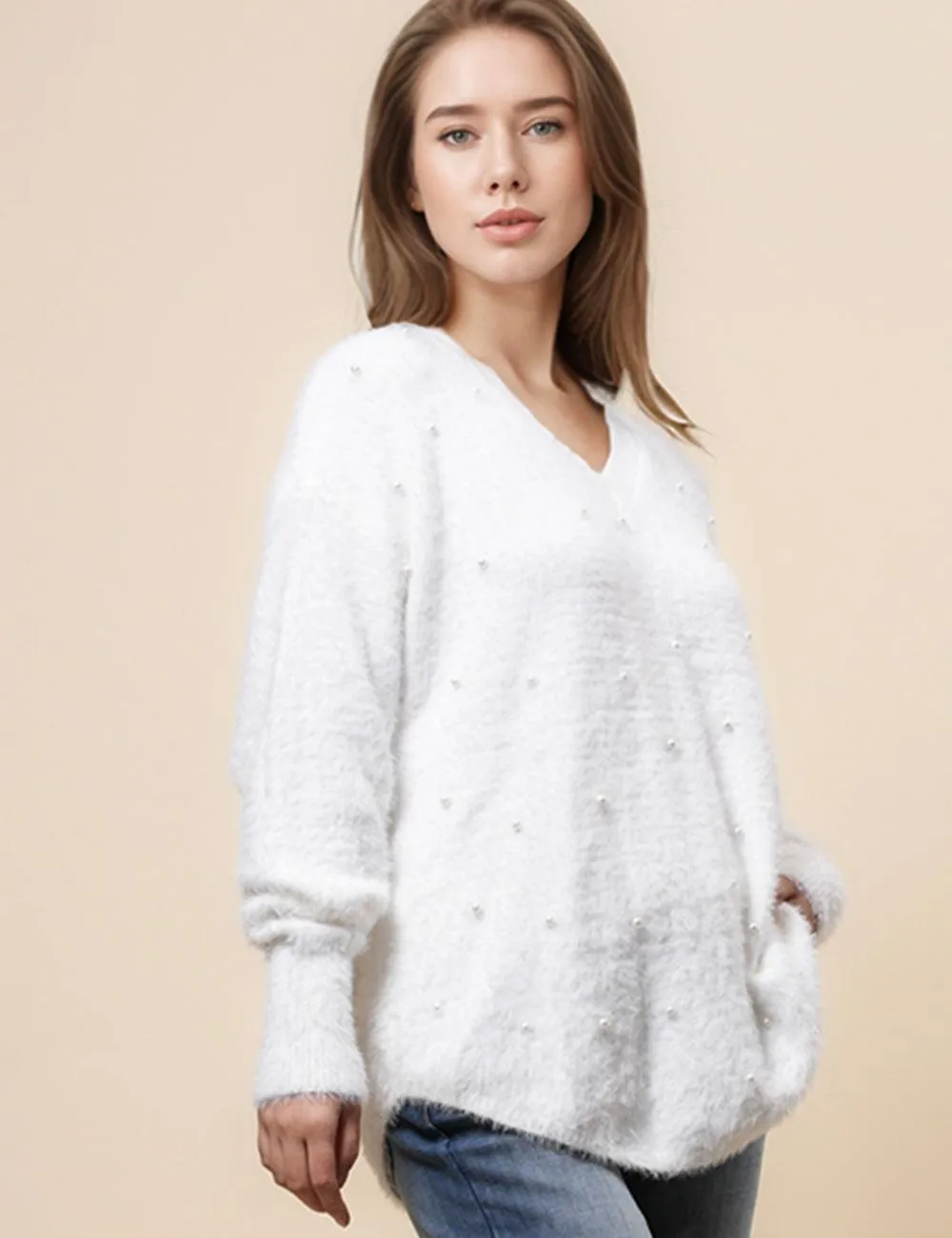 Ladies Faux Pearl White Hallow Out Pullover Sweater SKT4890