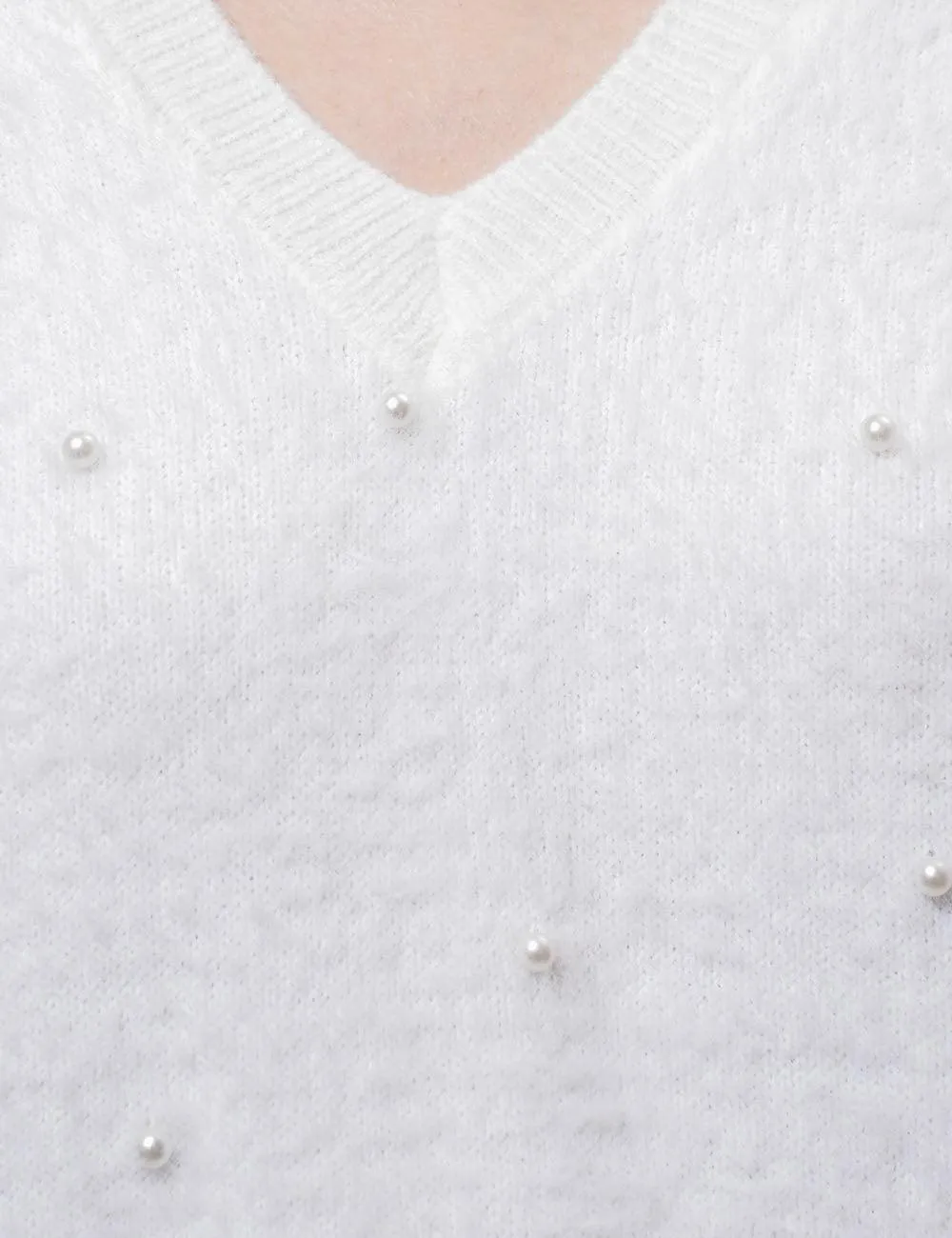 Ladies Faux Pearl White Hallow Out Pullover Sweater SKT4890